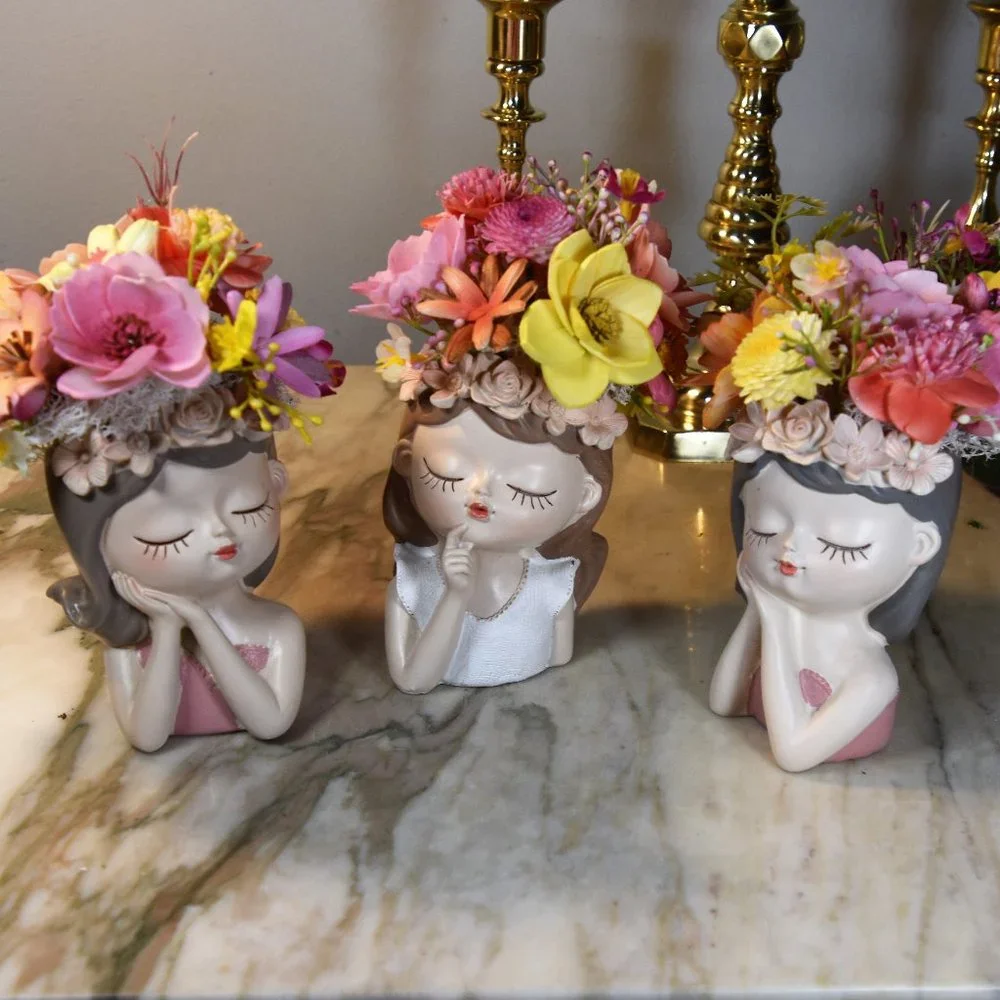 Planter with bright flowers you never water! Molded resin girl-adorable details